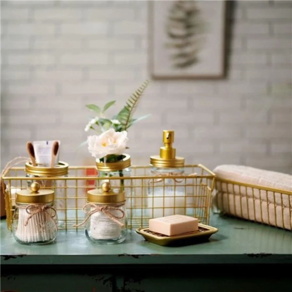 Premium Mason Jar Bathroom Accessory Set Rustic Farmhouse Decor Gold NWT